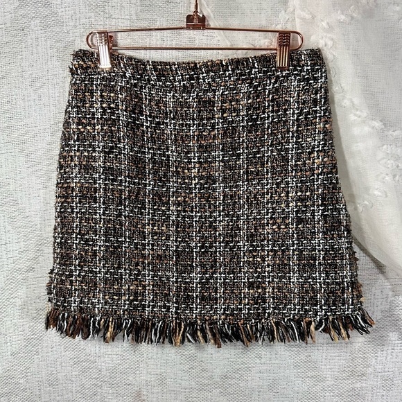 Miss T tan and black tweed plaid mini skirt with fringe hem size L - Picture 4 of 4